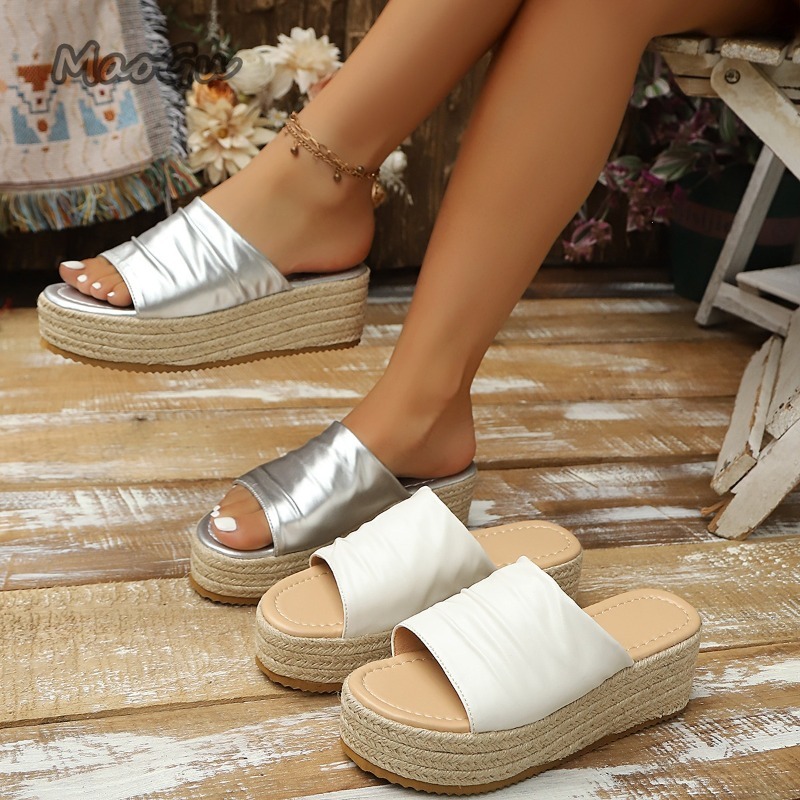 Wedge Espadrille Women - Women's Ruched Espadrille Wedge Slide Sandals