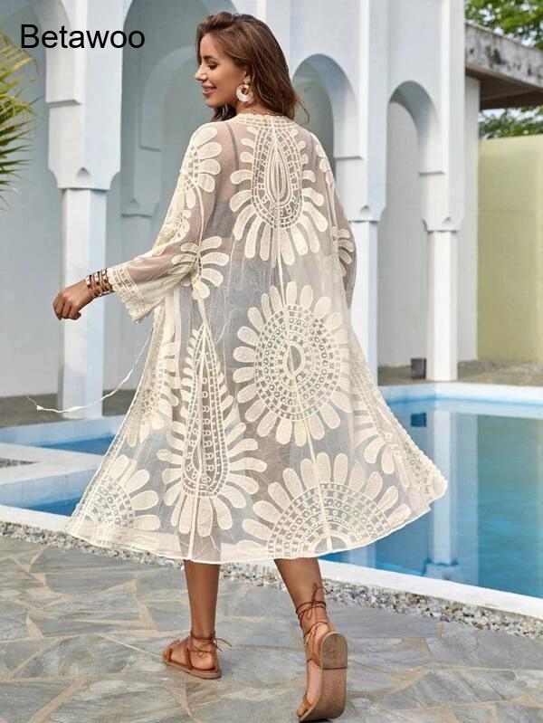 Women White Boho Floral Hollow - Kimono Sheer Floral 评论和价格
