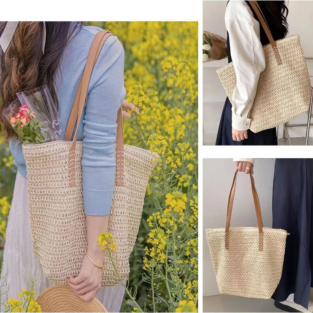 Fashion Solid Color Weave Stra - Tote Bag Beach 评论和价格