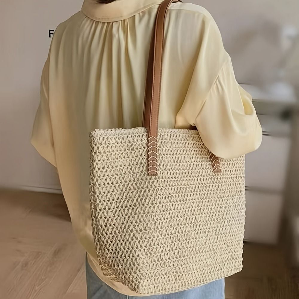 Fashion Solid Color Weave Stra - Tote Bag Beach 评论和价格