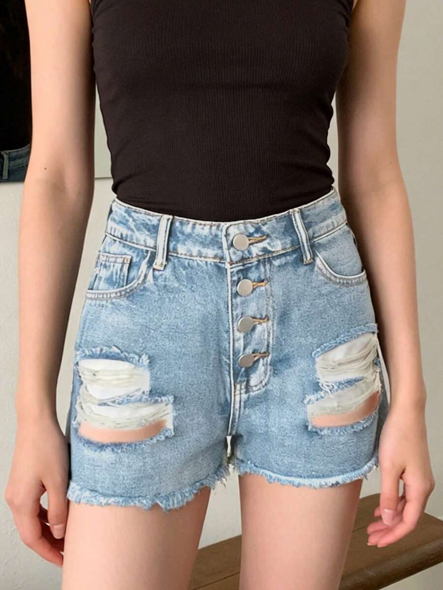 Womens Mid-Rise Distressed Fra - Shorts Denim Frayed 评论和价格