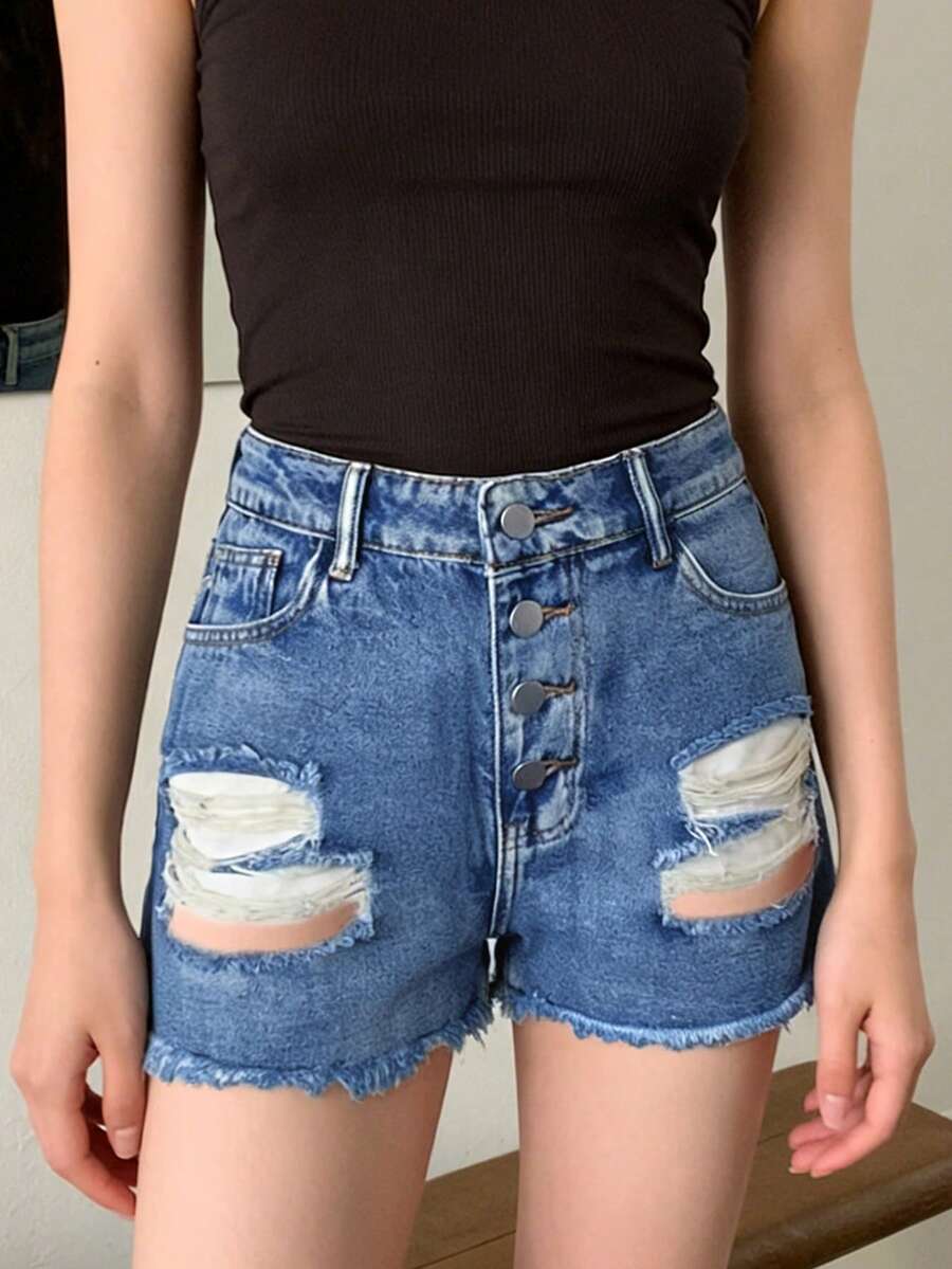 Womens Mid-Rise Distressed Fra - Shorts Denim Frayed 评论和价格