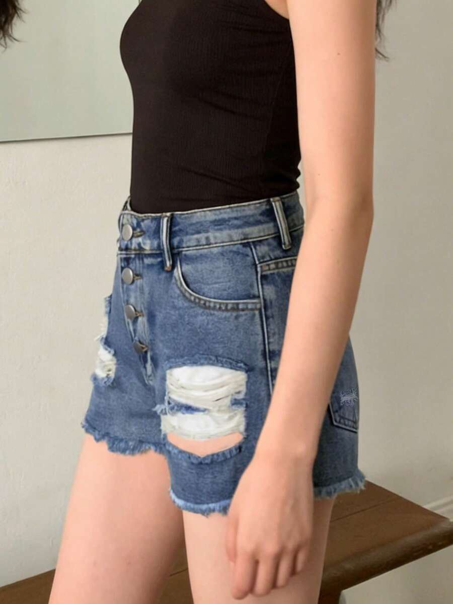 Womens Mid-Rise Distressed Fra - Shorts Denim Frayed 评论和价格