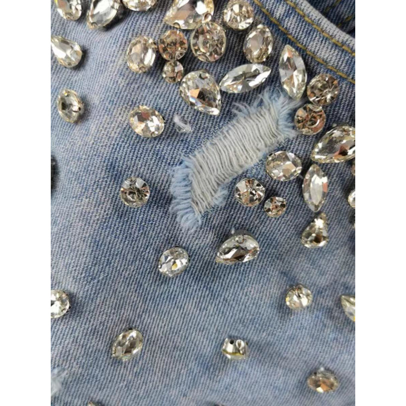 Hot Girl Style Rhinestone Ripp - Shorts Denim Frayed 评论和价格