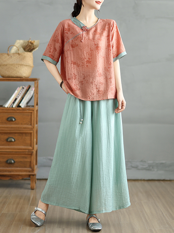 Chinese Floral Print Linen Sil - Linen Pant Wide 评论和价格