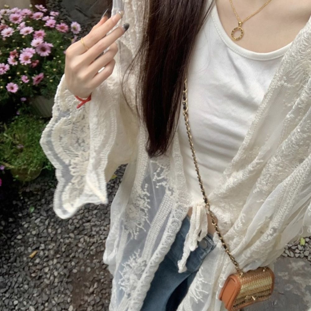 Lightweight Lace-Up Lace Blous - Kimono Sheer Floral 评论和价格