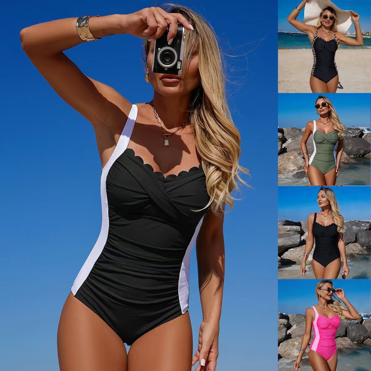 Black Swimsuit Scalloped Neckl - Swimsuit Bikini Ruched 评论和价格