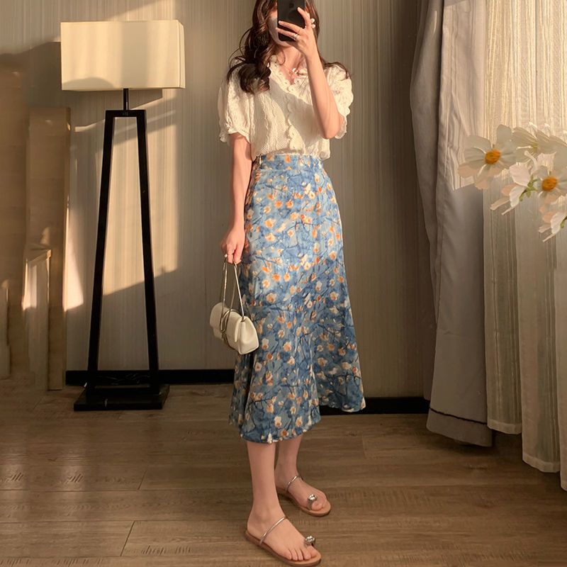 Women's Summer Two-Piece Set L - Midi Skirt Floral 评论和价格