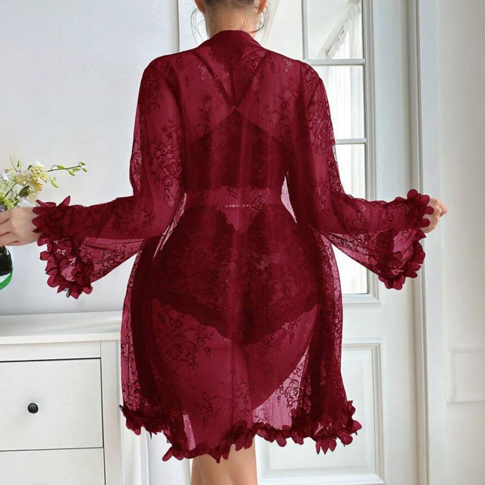 Sexy Sleepwear Set Floral Lace - Kimono Sheer Floral 评论和价格