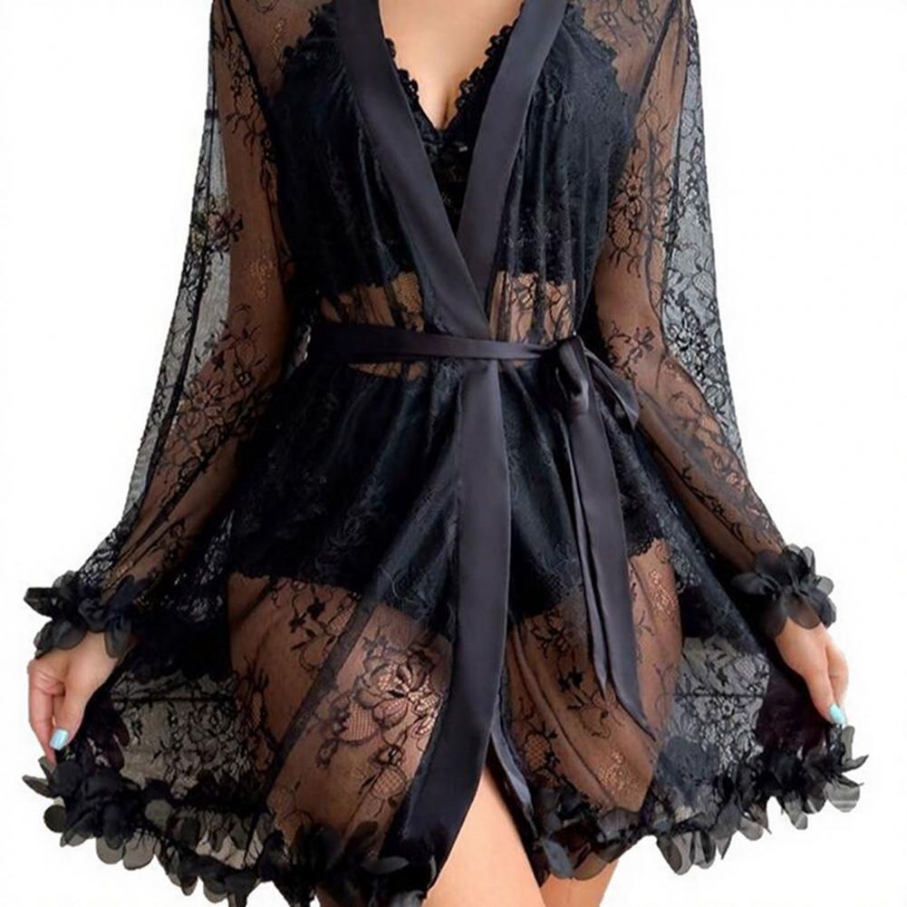 Sexy Sleepwear Set Floral Lace - Kimono Sheer Floral 评论和价格