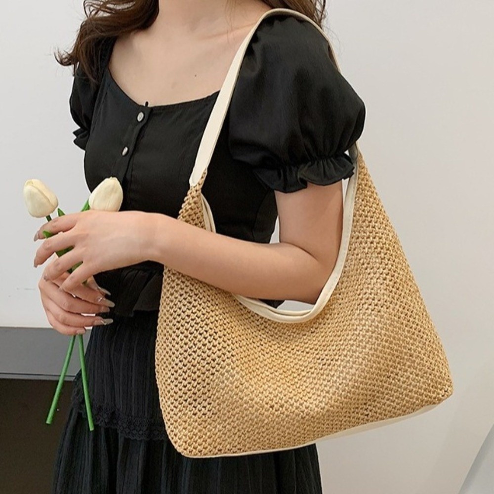Cute Solid Color Weave Straw B - Tote Bag Beach 评论和价格