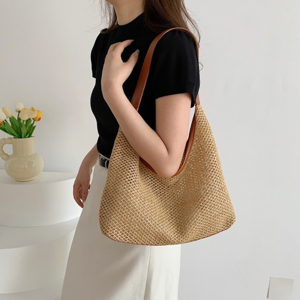 Cute Solid Color Weave Straw B - Tote Bag Beach 评论和价格