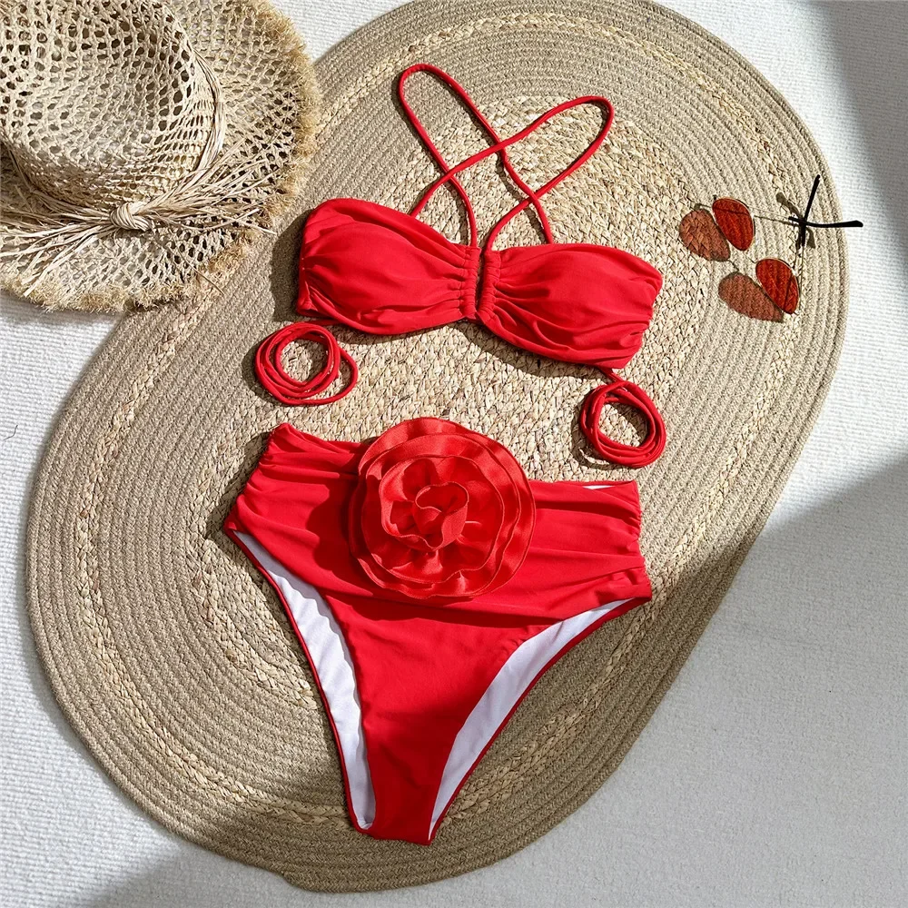 Sexy Red 3D Flower Swimwear Ha - Swimsuit Bikini Ruched 评论和价格