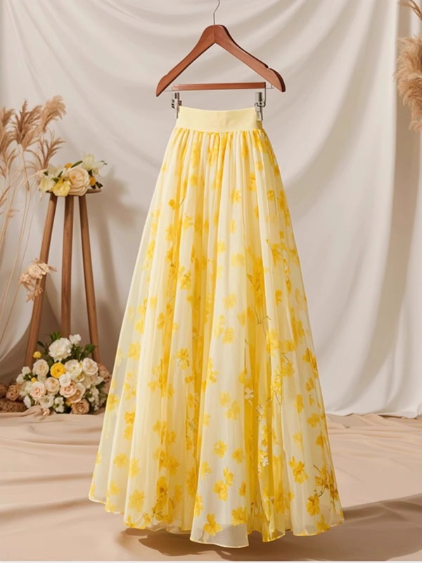 Summer 2026 High Waist Yellow  - Midi Skirt Floral 评论和价格