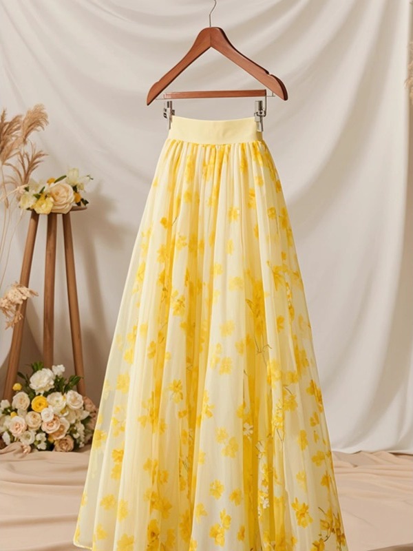 Summer 2026 High Waist Yellow  - Midi Skirt Floral 评论和价格