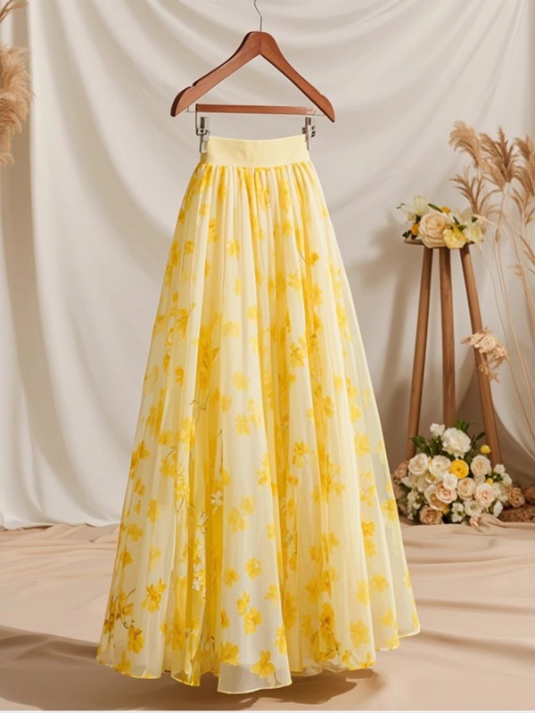 Summer 2026 High Waist Yellow  - Midi Skirt Floral 评论和价格