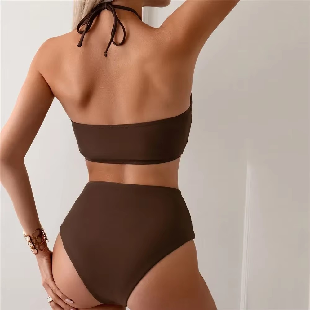 Dark Brown Solid Swimwears Hal - Swimsuit Bikini Ruched 评论和价格