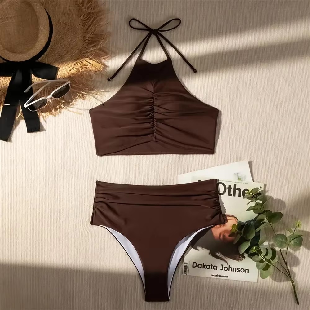 Dark Brown Solid Swimwears Hal - Swimsuit Bikini Ruched 评论和价格