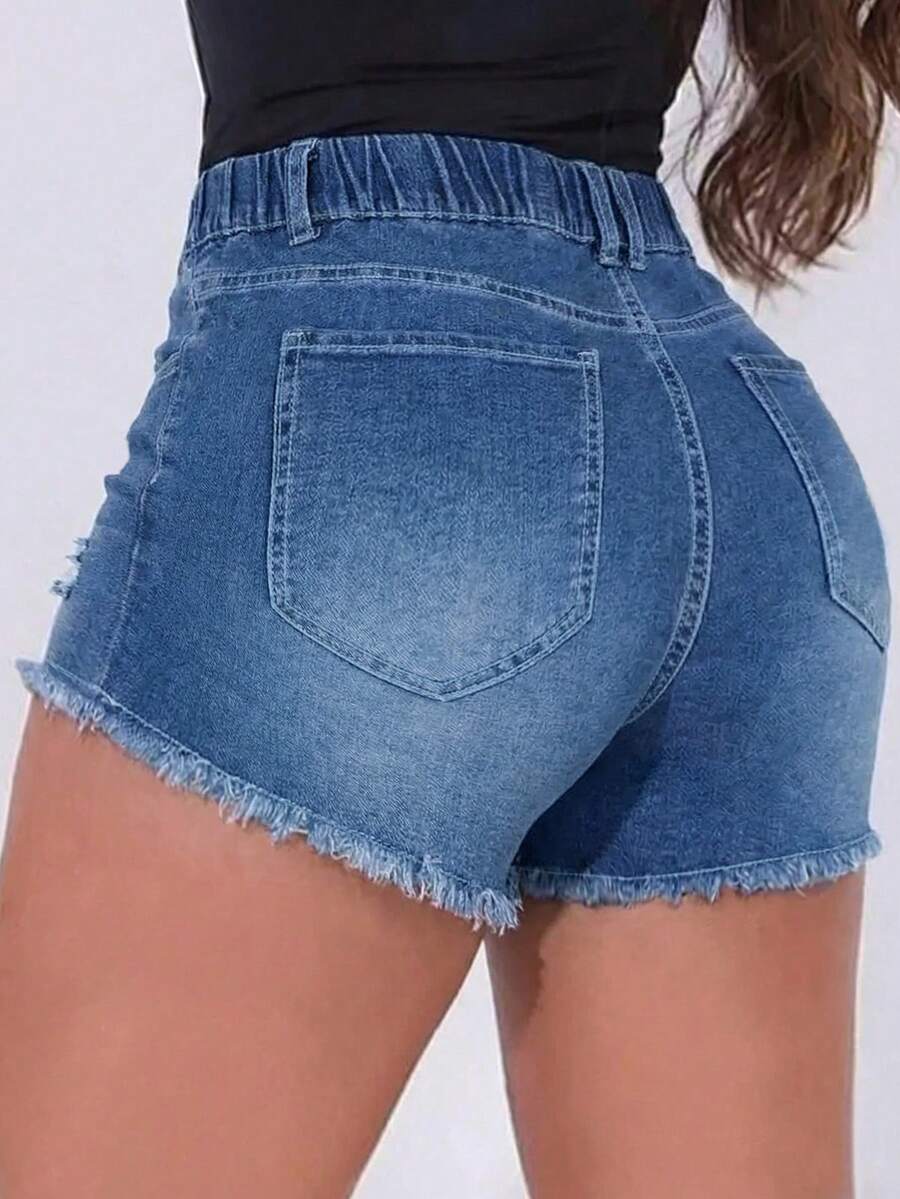 Womens Elastic Waist Frayed He - Shorts Denim Frayed 评论和价格