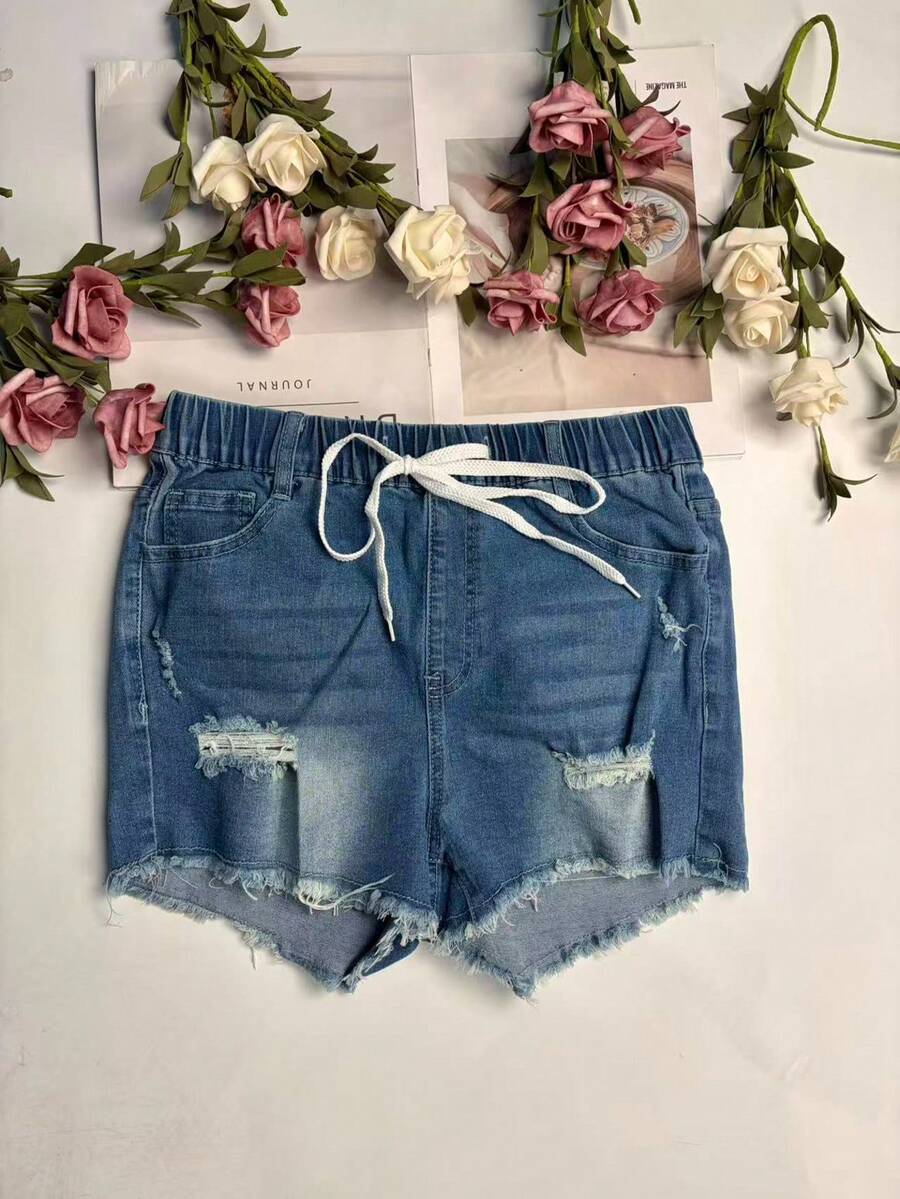 Womens Elastic Waist Frayed He - Shorts Denim Frayed 评论和价格