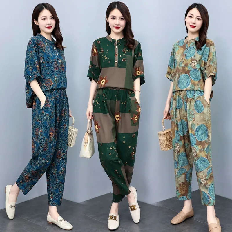 Middle Aged Mother Summer Suit - Linen Pant Wide 评论和价格
