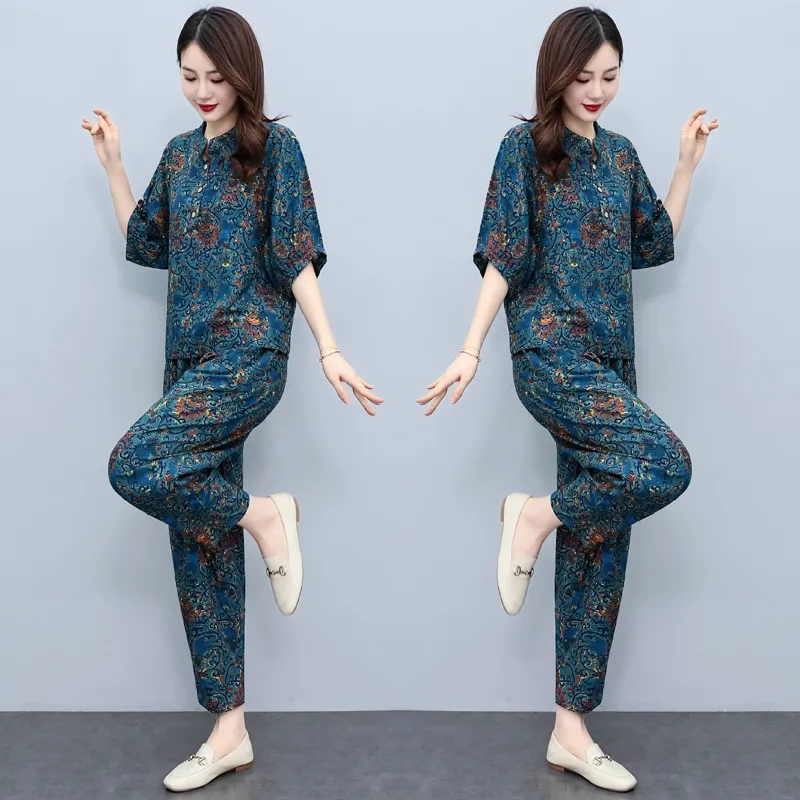 Middle Aged Mother Summer Suit - Linen Pant Wide 评论和价格