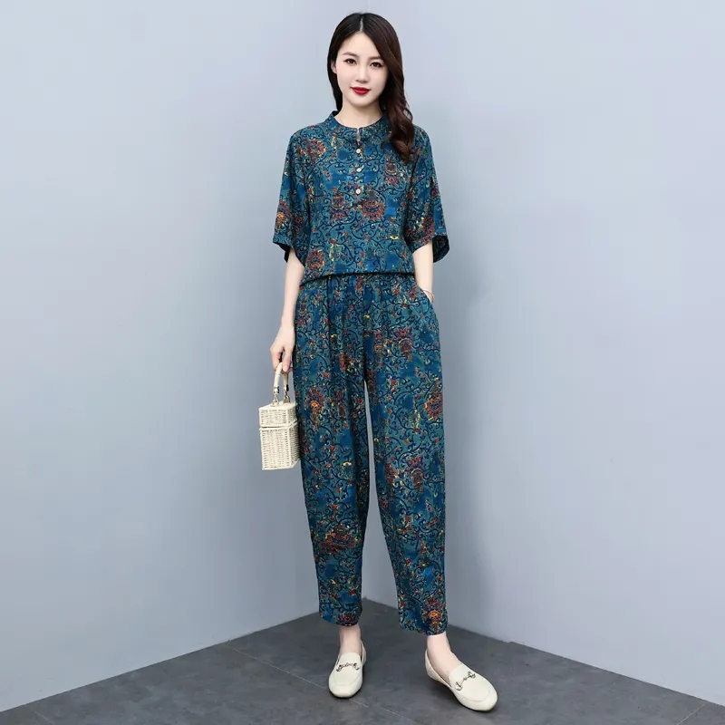 Middle Aged Mother Summer Suit - Linen Pant Wide 评论和价格