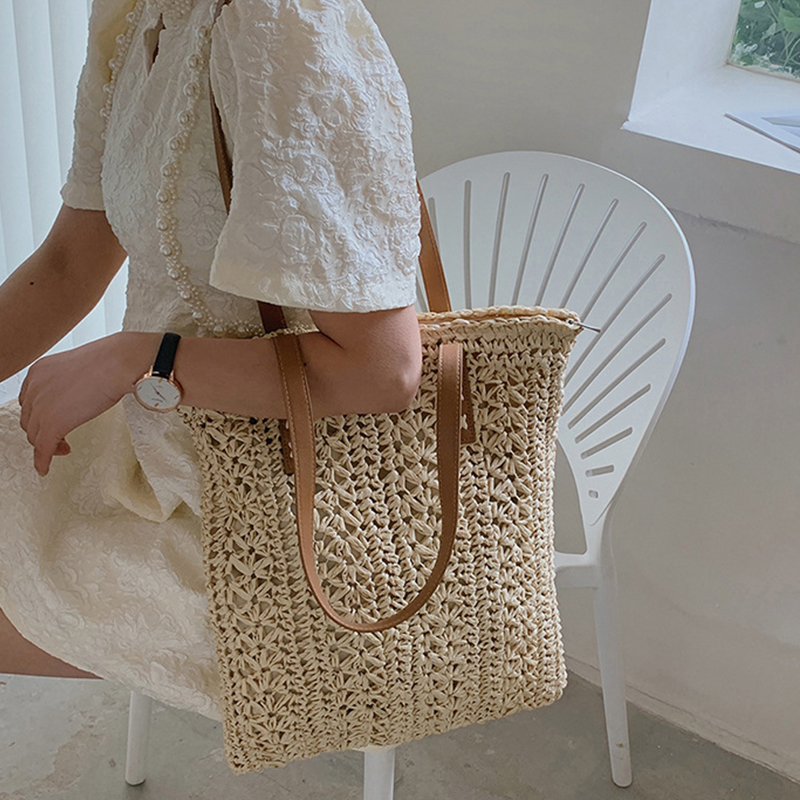 Square Hollow Straw Beach Bag  - Crochet Bag Raffia 评论和价格
