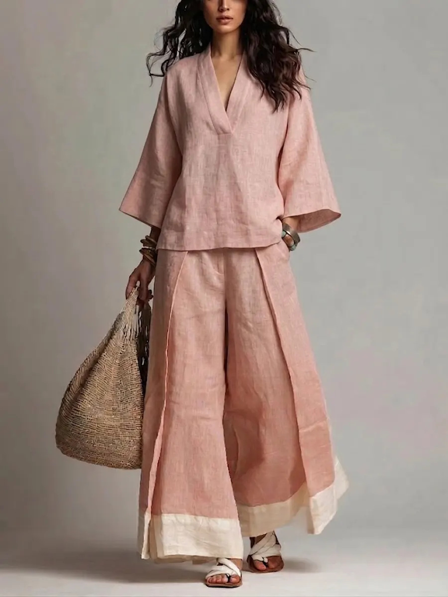 Summer Women V-neck Cotton Lin - Linen Pant Wide 评论和价格