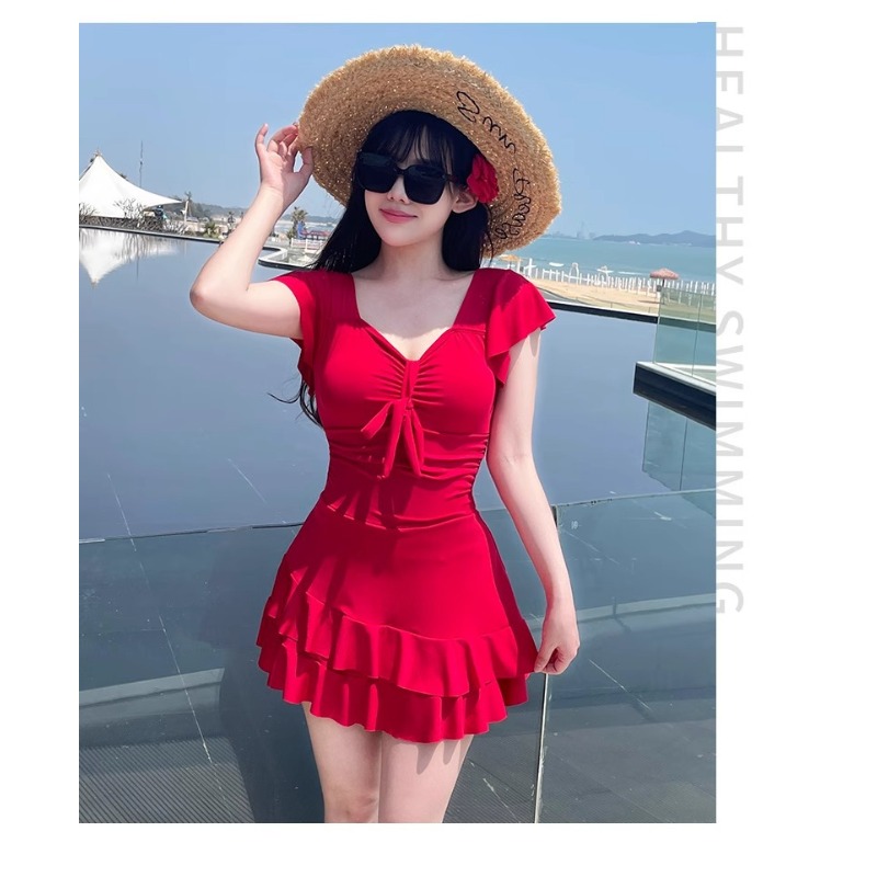 Women's Red V Neck Skirted One - Swimsuit Bikini Ruched 评论和价格