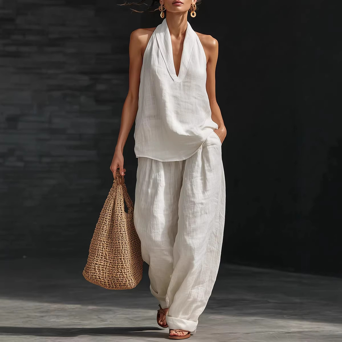 Summer Retro Solid Cotton Line - Linen Pant Wide 评论和价格