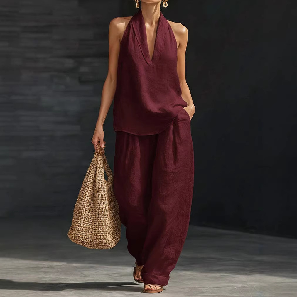 Summer Retro Solid Cotton Line - Linen Pant Wide 评论和价格