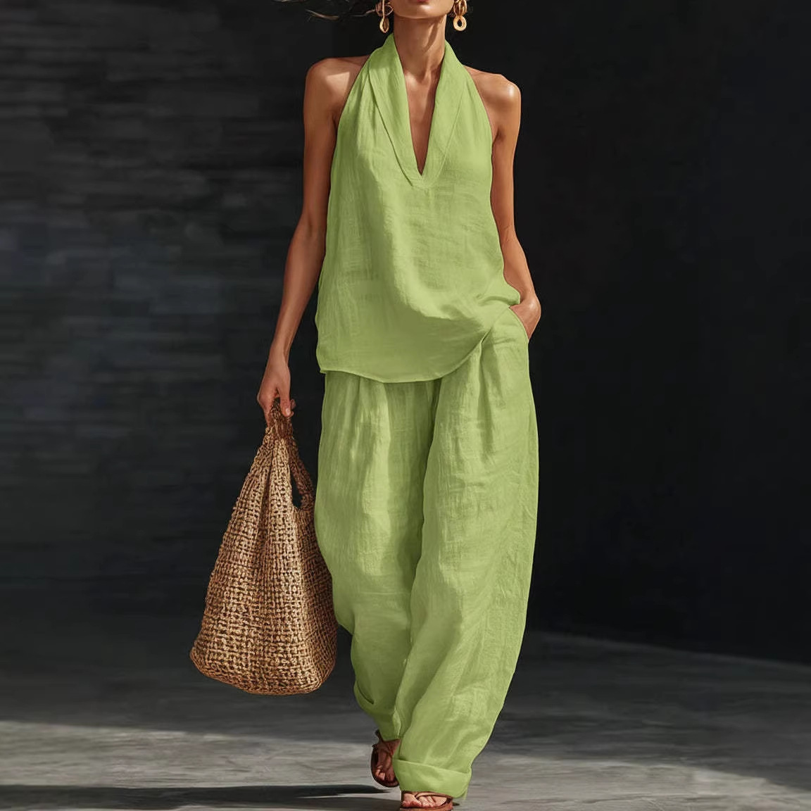 Summer Retro Solid Cotton Line - Linen Pant Wide 评论和价格