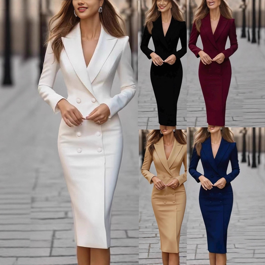 Pure Color Slim Double Breaste - Linen Dress Wrap 评论和价格