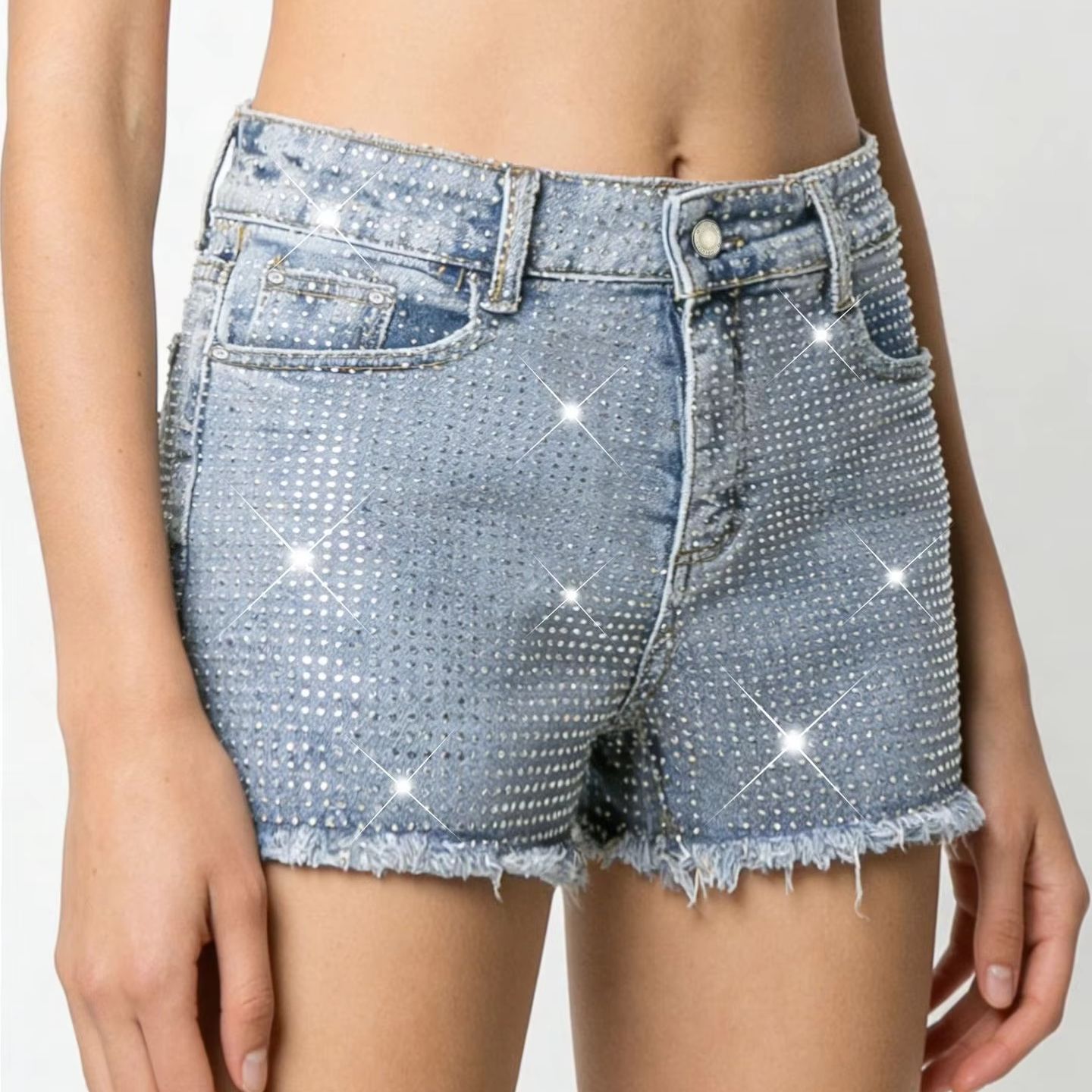 2026 New Full-Bejeweled Elasti - Shorts Denim Frayed 评论和价格