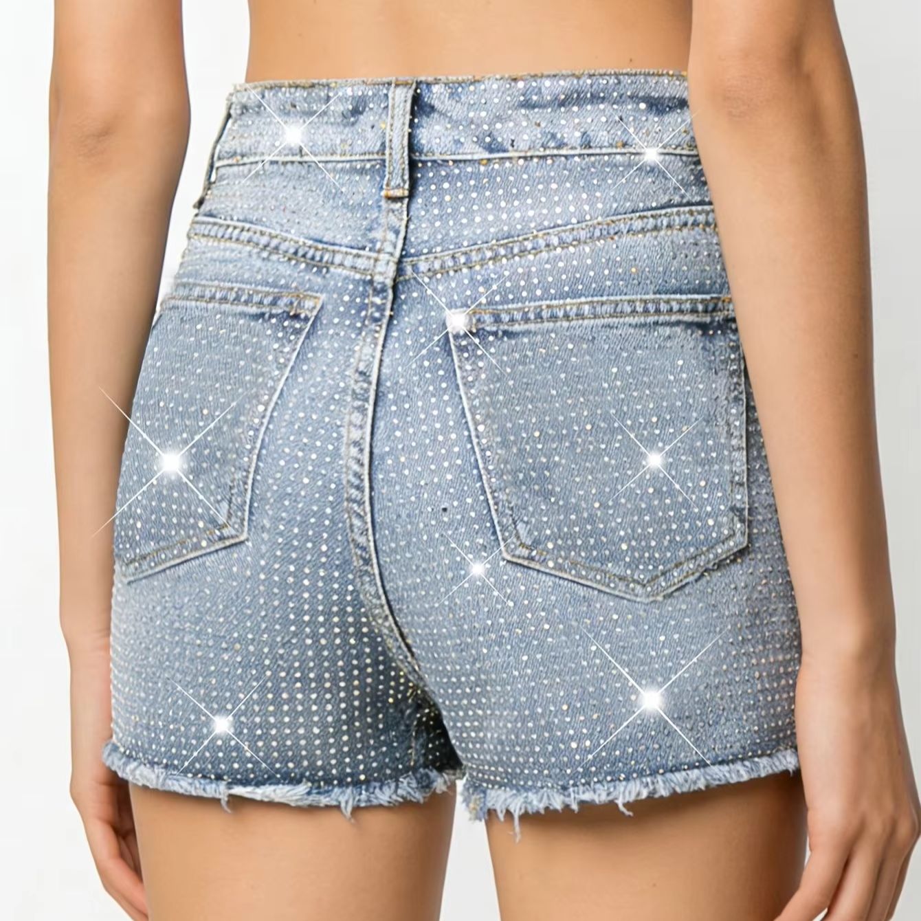2026 New Full-Bejeweled Elasti - Shorts Denim Frayed 评论和价格