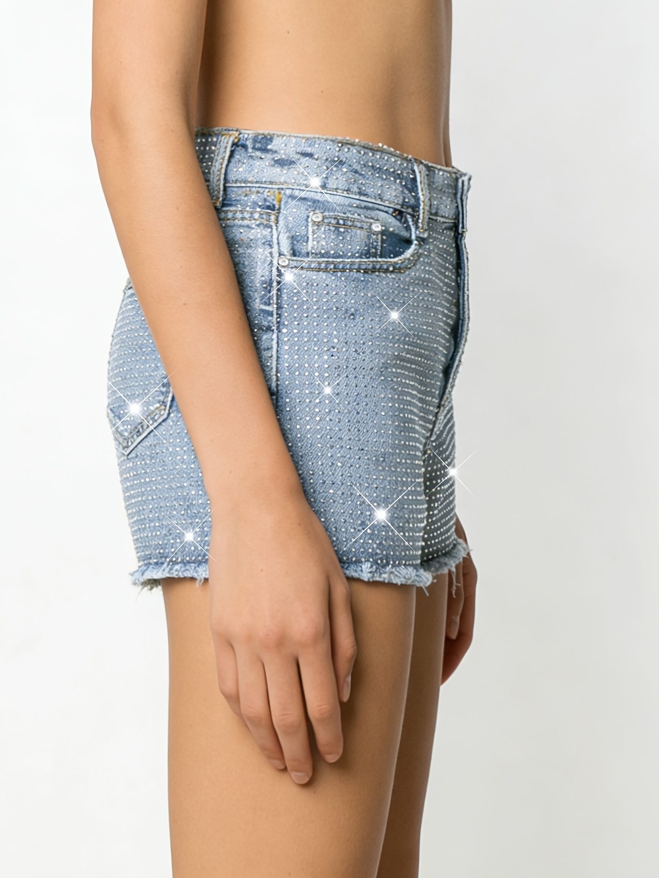 2026 New Full-Bejeweled Elasti - Shorts Denim Frayed 评论和价格