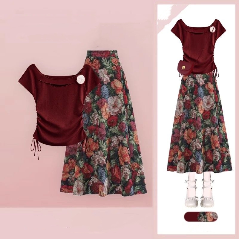 Women Lucky Wine Red T-Shirts  - Midi Skirt Floral 评论和价格