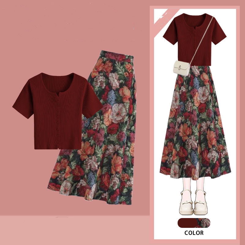Women Lucky Wine Red T-Shirts  - Midi Skirt Floral 评论和价格