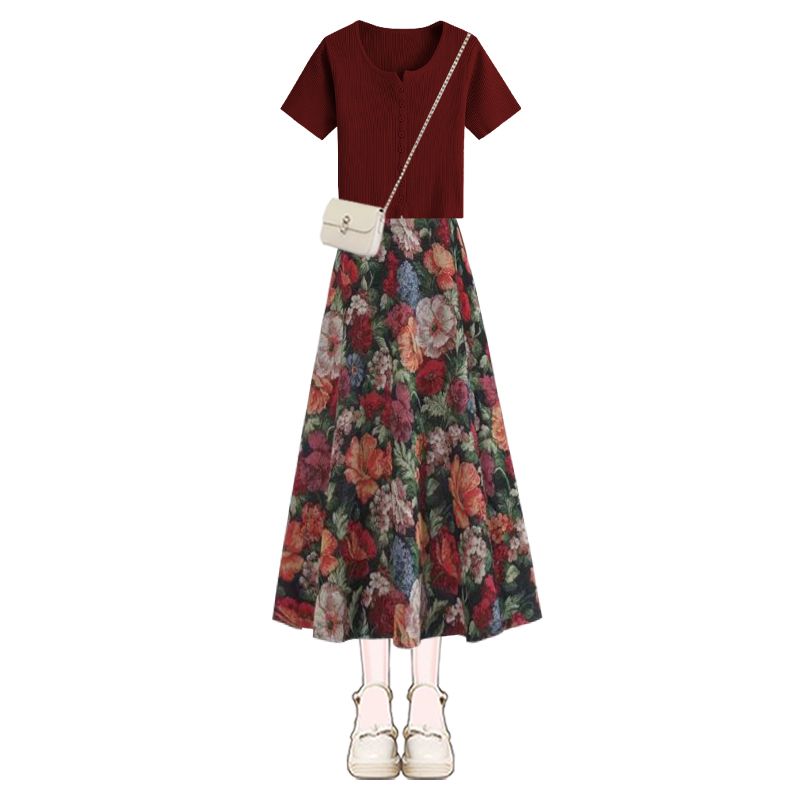 Women Lucky Wine Red T-Shirts  - Midi Skirt Floral 评论和价格