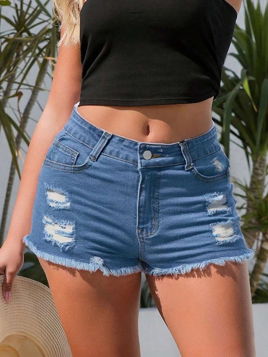 Women Denim Shorts With Pocket - Shorts Denim Frayed 评论和价格