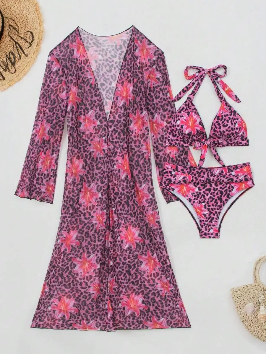 Womens 3-Piece Leopard Floral  - Kimono Sheer Floral 评论和价格