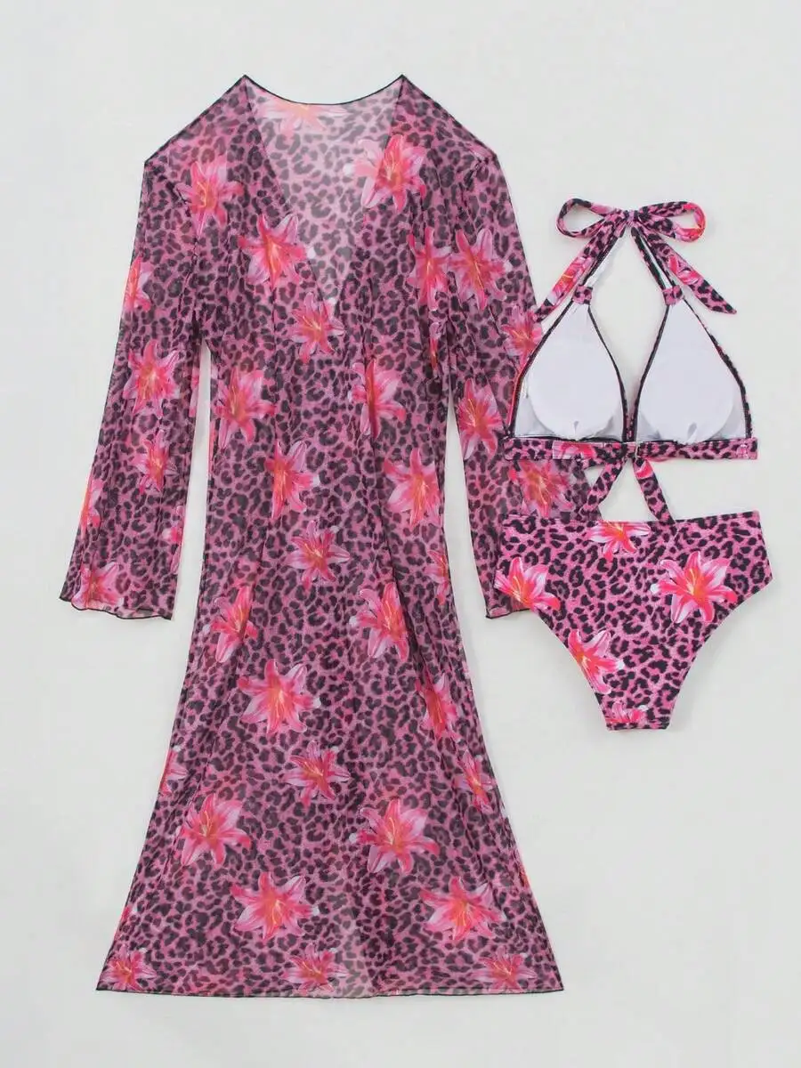 Womens 3-Piece Leopard Floral  - Kimono Sheer Floral 评论和价格