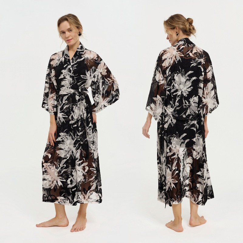 Women Black White Ink Floral S - Kimono Sheer Floral 评论和价格
