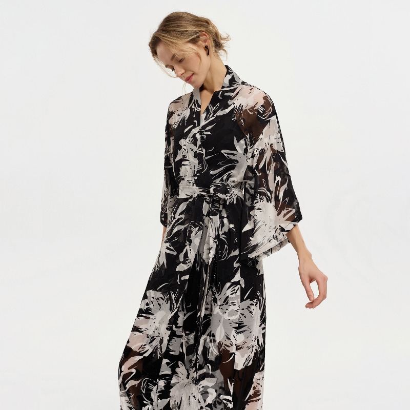 Women Black White Ink Floral S - Kimono Sheer Floral 评论和价格